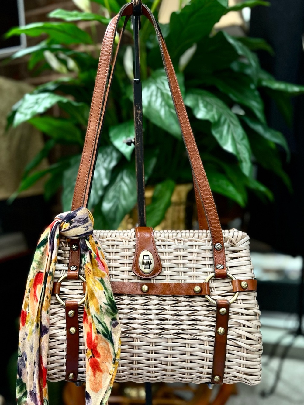 Patricia Nash Cream Woven Satchel with Brown Leather and Floral Scarf